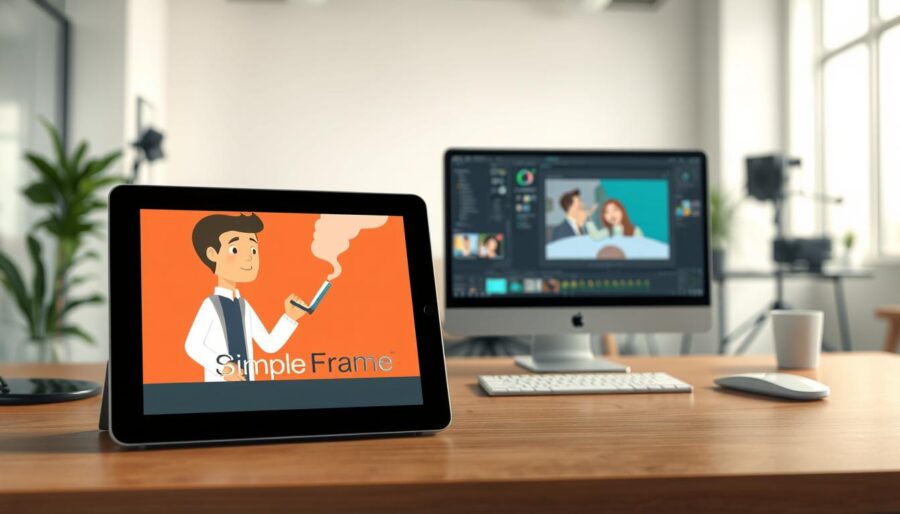 A close-up view of a digital workspace, showcasing the process of creating a medical animation. In the foreground, a tablet display shows a stylized animation of a person quitting smoking, with the Simple Frame brand logo prominently featured. In the middle ground, a computer monitor displays various animation software tools and a partially completed scene. The background features a minimalist, well-lit office environment with modern furniture and equipment, creating a professional and creative atmosphere. The lighting is soft and diffused, highlighting the intricate details of the animation workflow.