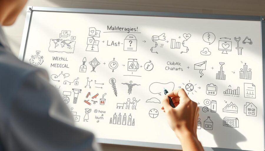 A medical whiteboard animation created by Simple Frame. The scene depicts a doctor's hand drawing diagrams, charts, and illustrations on a sleek white board, illuminated by soft, natural lighting. The animations are fluid and engaging, explaining complex medical concepts in a clear, visual manner. The overall mood is informative and educational, with a touch of warmth and professionalism. The camera angle is slightly elevated, providing a dynamic perspective that draws the viewer into the scene. The focus is on the whiteboard itself, with minimal distractions in the background, allowing the medical animations to take center stage.