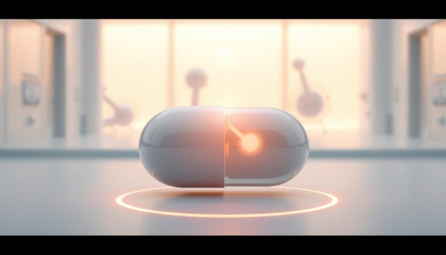 A sleek, futuristic medical animation showcasing the innovative "Simple Frame" technology for the pharmaceutical industry. A smooth, stylized 3D render depicts a capsule-shaped product gently pulsating with a warm, soothing glow. The foreground features clean, minimalist lines and a minimalist color palette of whites, grays, and subtle blues, conveying a sense of precision and professionalism. The middle ground showcases the product's transformative effects, with abstract shapes and forms representing the therapeutic process. The background is a softly blurred, out-of-focus scene, hinting at the broader medical context. Balanced lighting creates depth and dimension, while a cinematic camera angle and smooth camera movement draw the viewer's attention to the product's key features. The overall mood is one of clinical efficacy, scientific advancement, and therapeutic empowerment.