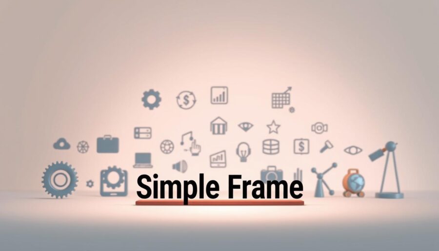 A sleek, minimalist animation featuring various business-themed icons and elements. In the foreground, a "Simple Frame" logo animates smoothly, serving as the central focus. The middle ground showcases a variety of animated icons representing different industries, such as a gear, chart, briefcase, and handshake. The background features a soft, blurred gradient in muted tones, creating a professional and elegant atmosphere. The lighting is subtle and directional, highlighting the 3D-like depth and providing a sense of polish. The overall mood is one of modern, efficient business presentation.