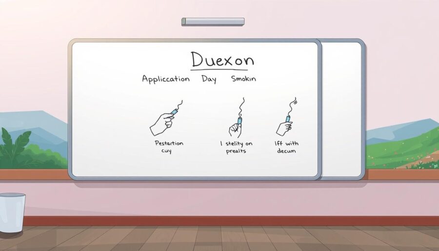 A vibrant, animated whiteboard scene depicting the use of Duexon, a simple and effective tool to help people quit smoking. The foreground showcases a hand-drawn, step-by-step illustration of the Duexon application process, using a simple frame-by-frame "Simple Frame" animation technique. The middle ground features a clean, minimalist whiteboard background, with subtle texture and lighting to create a professional, medical illustration feel. The background subtly hints at the benefits of quitting smoking, with a serene, nature-inspired landscape. The overall mood is informative, visually engaging, and encourages the viewer to understand how Duexon can support their journey to a smoke-free life.