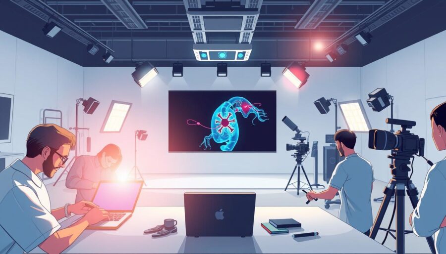 A vibrant, behind-the-scenes depiction of the creation process for a medical animation, showcasing the Simple Frame brand. In the foreground, a team of skilled animators meticulously crafts each frame, their hands deftly manipulating digital tools. In the middle ground, a large display presents the evolving animation, its elegant movements and intricate details gradually taking shape. The background is filled with a minimalist, yet sophisticated studio setting, complete with sophisticated lighting and camera equipment, creating a professional, high-tech atmosphere. The overall mood is one of focused creativity, where technology and artistic vision seamlessly converge to bring a complex medical concept to life.