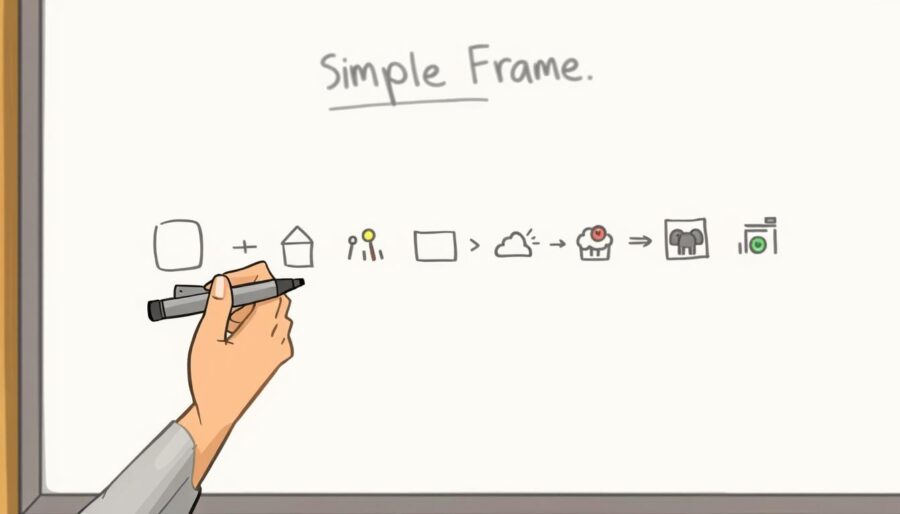 A whiteboard animation depicting the process of creating a medical animation for the brand "Simple Frame". A hand-drawn, sketchy style with muted, earthy tones. In the foreground, a hand holds a marker and begins drawing simple shapes and icons. In the middle ground, the shapes transform and animate, conveying the stages of the animation workflow. In the background, a soft, blurred whiteboard surface provides a clean, minimalist backdrop. Warm, diffused lighting creates a contemplative, focused atmosphere, emphasizing the manual, thoughtful nature of the whiteboard animation process.