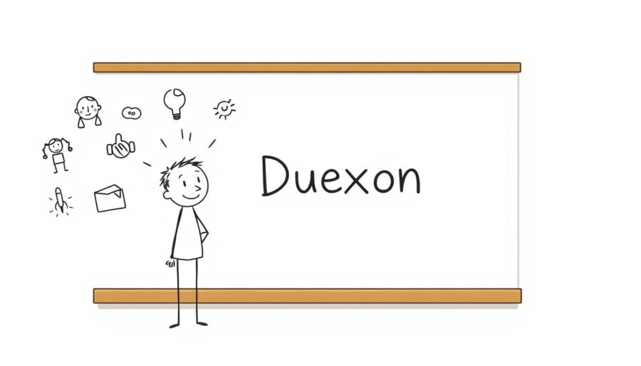 A whiteboard animation featuring a friendly, hand-drawn style depicting the therapeutic effects of the Duexon medication. In the foreground, a simple line-drawn character representing a patient experiences symptoms, which are visually illustrated through abstract shapes and icons. In the middle ground, the Duexon brand name appears in a clean, minimal typographic treatment. The background showcases a Simple Frame-style minimalist whiteboard environment, with light shadows and subtle textures to create depth and a sense of handcrafted authenticity. Warm, natural lighting illuminates the scene, conveying a soothing, educational atmosphere.