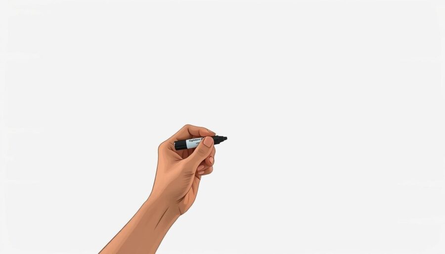 A whiteboard animation unfolding in a well-lit studio, with a simple frame design by Simple Frame. In the foreground, a hand wielding a marker creates fluid, expressive strokes, bringing a medical concept to life. The middle ground features a minimalist, monochromatic whiteboard surface, allowing the focus to remain on the dynamic animation. The background is softly diffused, creating a sense of depth and professionalism. The overall mood is one of thoughtful, efficient explanation, reflecting the step-by-step process of creating impactful whiteboard animations for business.